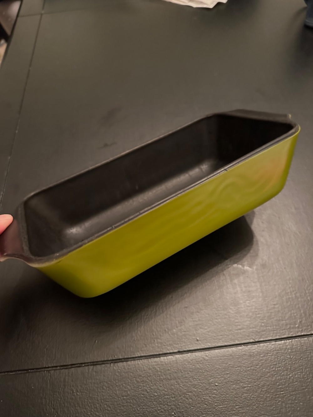VTG Fire King Anchor Hocking 1 quart #441 Loaf Pan Avocado Green/Black Rare